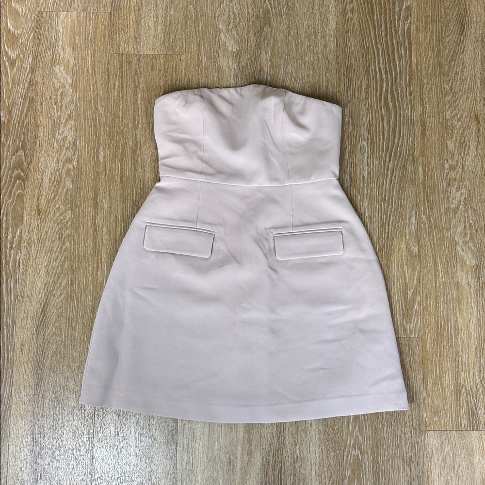 Commense Strapless pocket front Fit and Flare structured Beige Tan Mini Dress S - Picture 5 of 9